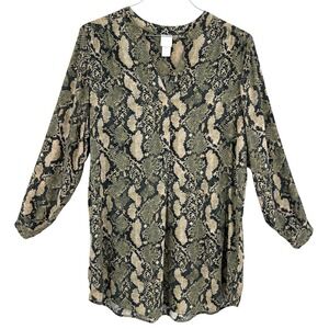 H&M Womens Green Snakeskin Longline Flowy Tunic Top Long Sleeve‎ Viscose Size 6